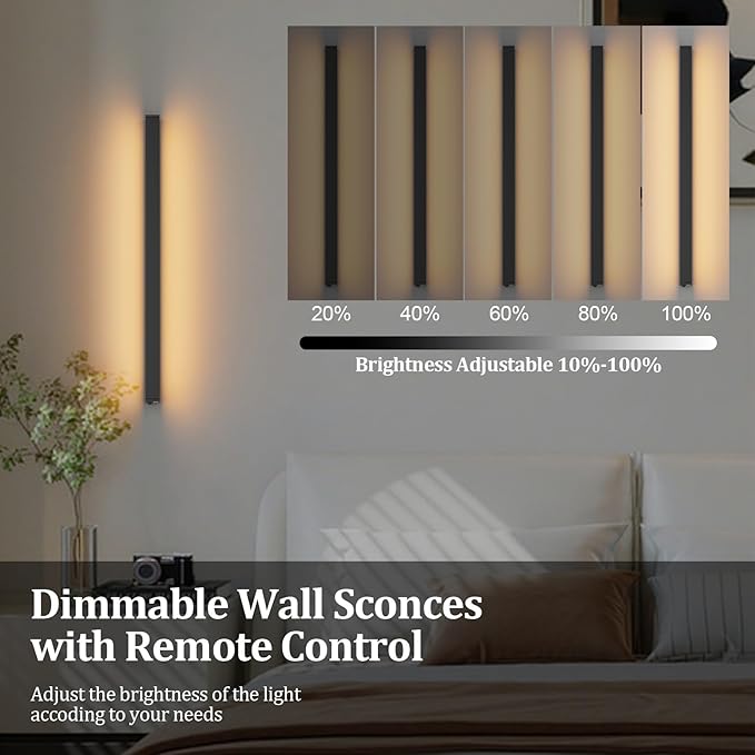 Aipsun Black Battery Operated Wall Sconce, 3000K-6000K Modern LED Wireless Rechargeable Wall Light for Bedroom, Hallway Living Room,23.6 Inch,Black(2 Packs)