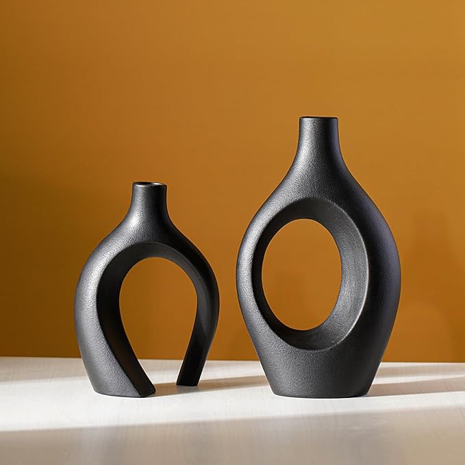 Extra LargeMatte Black Ceramic Vase Set of 2 Vase for Pampas Grass, Modern Circle Donut Aesthetic Flower Decorative Vases for Nordic Style Boho Home Decor (W 6.8" X H 11")