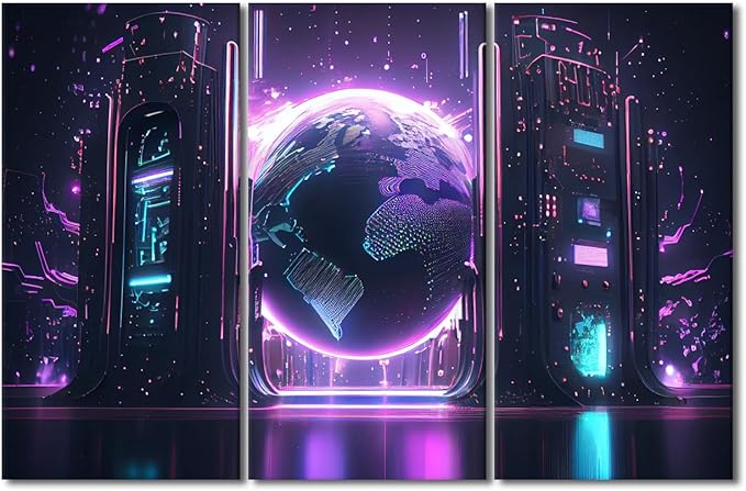 Digital World Poster Modern Wall Art 3 Piece Cyber Space Posters for Bedroom Living Room Wall Decoration, Wooden Framed Gallery-Wrapped Ai Artwork Ready to Hang, 60" Wx40 H