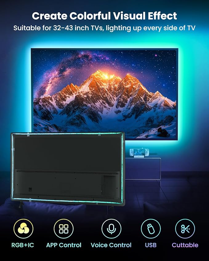 9.84ft LED Lights for 32-43 Inch TV, RGB+IC TV Lights Backlight Strip Behind, with 44 Scene Modes, Bluetooth APP and Voice Control, Music Sync Smart Ambient Lighting for Gaming, Bedroom, Living Room