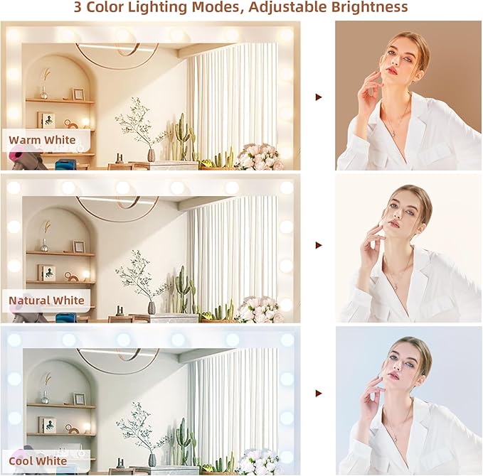 SMOOL Vanity with Lighted Mirror, Makeup Vanity Desk with Power Outlet and LED Bulbs, 3 Color Lighting Modes Adjustable Brightness, 7 Drawers Vanity Table with Cushioned Stool for Bedroom, Marble
