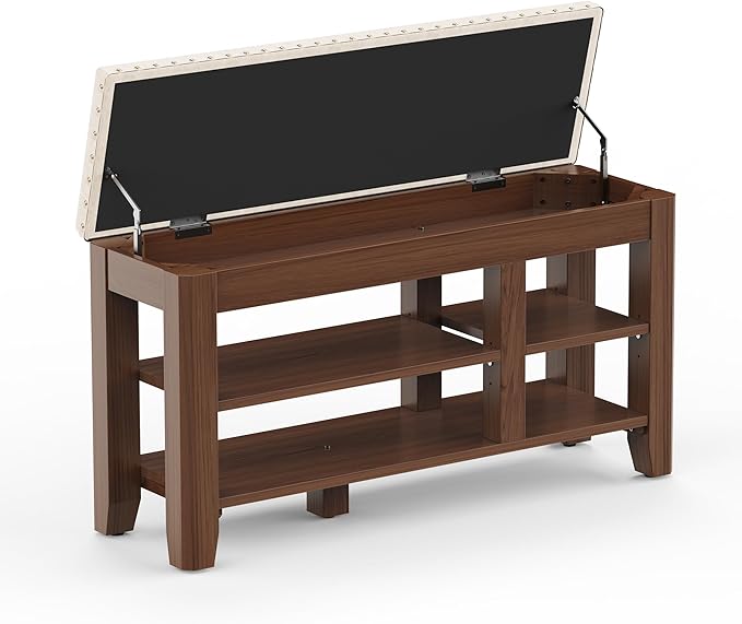 Shoe Bench for Entryway, Solid Rubberwood Shoe Bench with Hidden Storage, Adjustable 2-Tier Shelves & Soft PU Leather Seat, Shoe Rack Durable Easy Assembly for Hallway or Bedroom - Beige, 39.4"