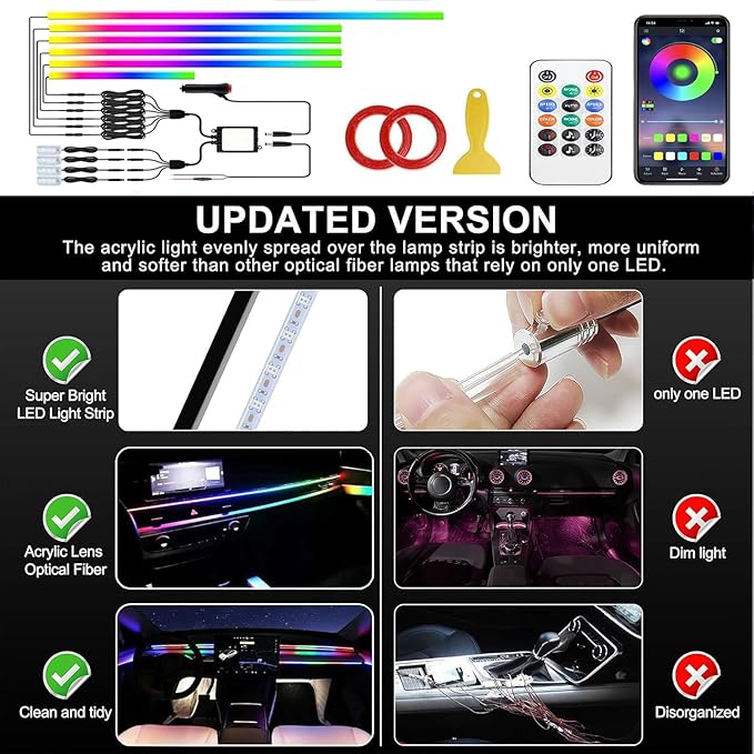 Interior Car LED Strip Lights, Acrylic LED Lights for Car with Dynamic Dreamcolor Chasing, 10 in 1 175 inches 593 LEDs Ambient Lighting Kits Music Sync Wireless APP and Remote Control