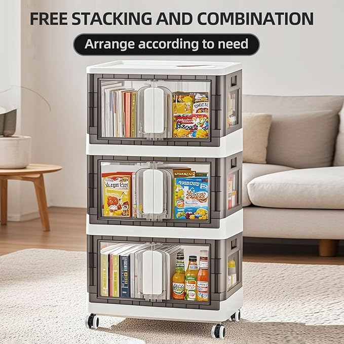 Folding Storage Organizer with Silent casters | Stackable Design for Home & Office, Heavy-Duty Plastic Storage Bin with Clear Door, 3 Sizes (19.5/23.5/27.5in),Black/White (19.7" 5 layer, White)