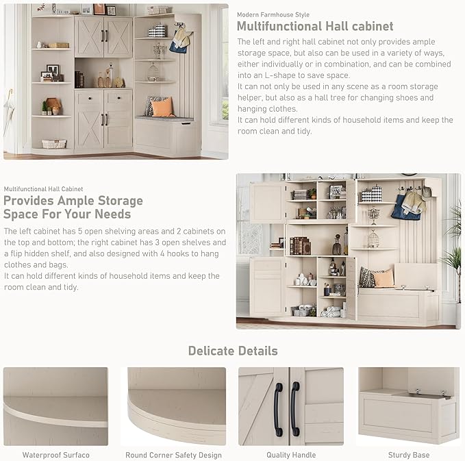 Multifunctional Hall Tree with 4 Hooks, Wood Hall Tree with Open Shelving and Flip Hidden Shelf, Left-Right Combination Coat Rack (can be Used Separately), Entryway Bench (Beige/45c)