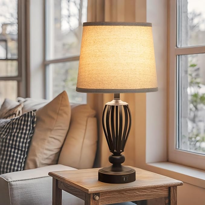 USB Bedside Lamp, 3-Way Dimmable Touch Table Lamp with USB C+A Charging Ports Industrial Table Lamp Black Metal Base Farmhouse Reading Lamp for Bedroom, Living Room, Office or Study LED Bulb Included