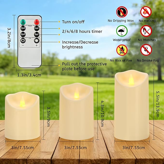 Outdoor Indoor Flameless Candles, Patented 3D Dual-LED, Set of 6 Slanted Top Resin Pillars with 2 Remotes & Timer, Non-Melting Waterproof Battery Operated Candles for Patio Garden (Ivory)