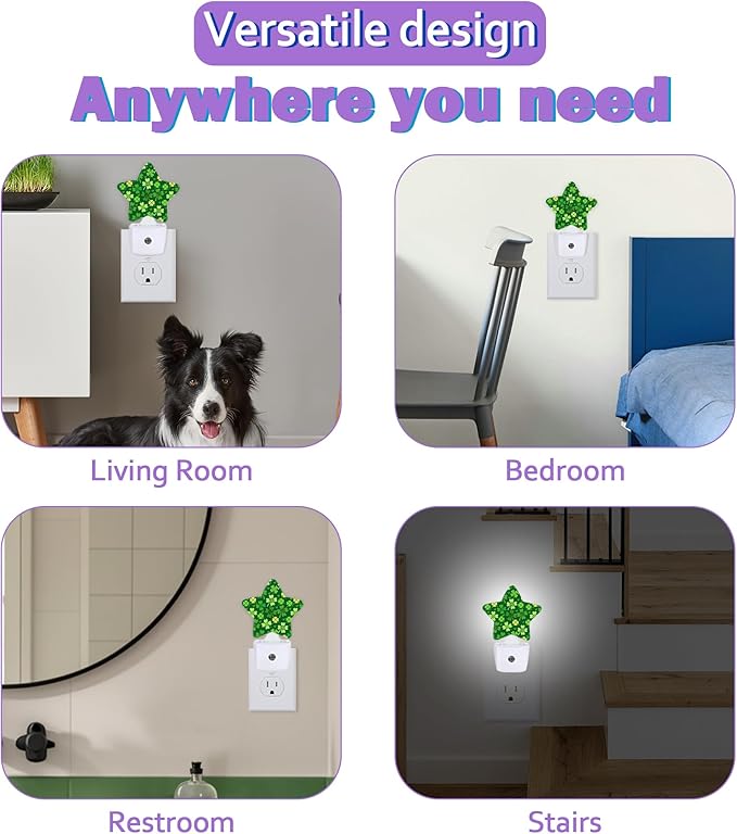 Energy Efficient Nightlights Plug in Wall, Green Shamrock Night Light for Kids Bedroom Decorative, Clover Leaf Dusk-to-Dawn Sensor Sleep Friendly Lamp for Nursery Bathroom Basement