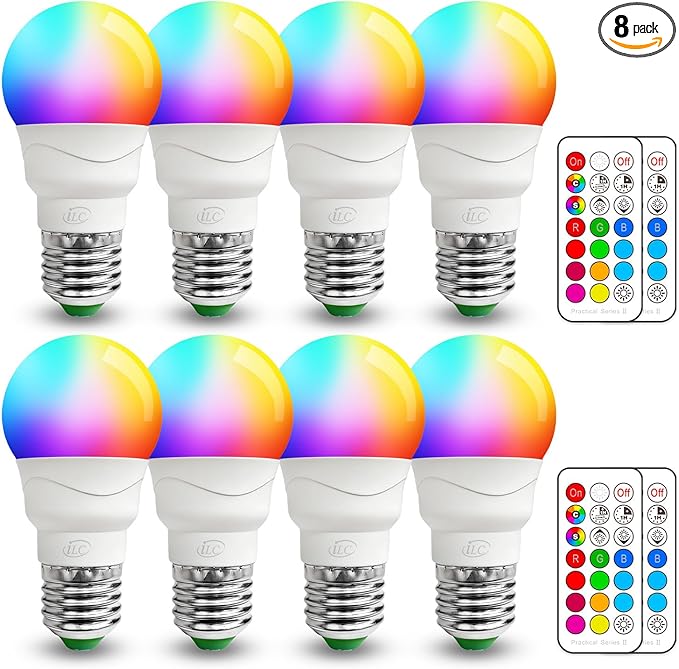 ILC RGB LED Light Bulb, Color Changing Light Bulb, 40W Equivalent, 450LM, 2700K Warm White 5W E26 Screw Base RGBW, 12 Color Choices - Timing Infrared Remote Control (8 Pack)