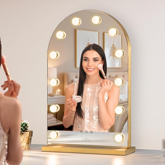LUXFURNI Hollywood Mirror with Lights Makeup Mirror for Bedroom, Large Vanity Lighted up Mirror with 12 Dimmable Bulbs Smart Touch Control 3 Color Lighting Modes(Gold)