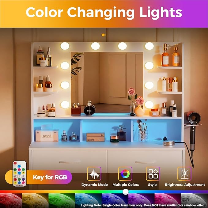 COMHOMA Vanity Desk with Lighted Mirror and Power Outlet, RGB LED Lights Makeup Vanity Set for Girls, Large Storage Capacity Dressing Table for Bedroom, 3 Lighting Modes Adjustable Brightness, White