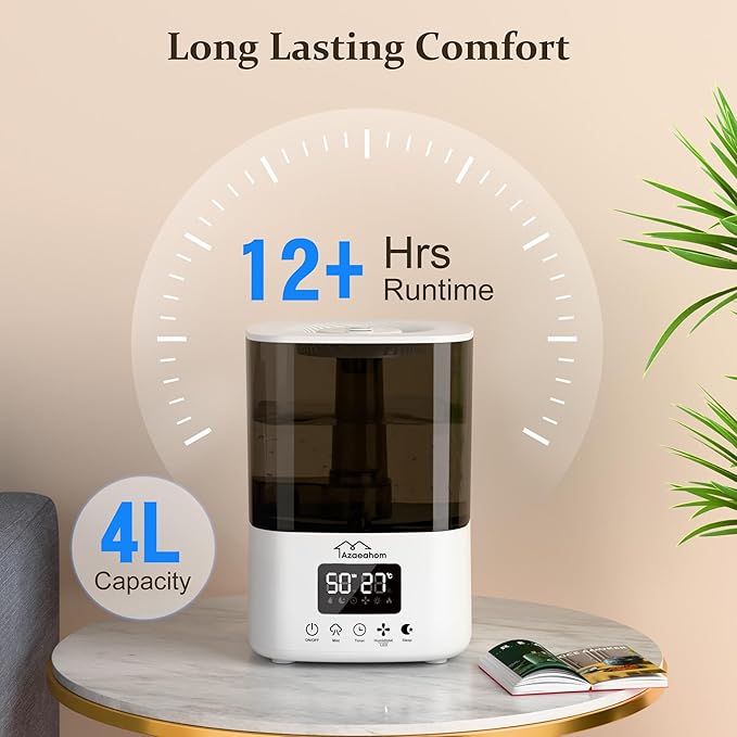 Smart Humidifiers for Bedroom, Top Fill 4L Cool Mist Air Humidifier for Large Room, Essential Oil Diffuser App Control, Fast Symptom Relief, Nightlight, 12H Quiet Runtime for Baby, Plant