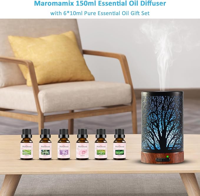 Oil Diffuser & Essential Oils Set - Oil Diffuser 150ml with 6 Essential Oils Set, Aromatherapy Cool Mist Oil Diffusers for Essential Oils, Auto Shut-Off，7 Colors Night Light,Gifts for Mom