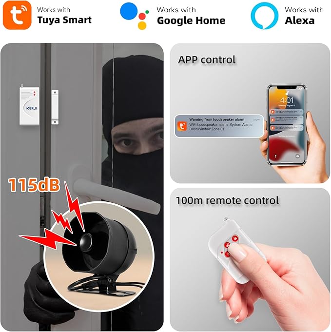 KERUI WiFi Home Security Alarm System 7-Piece kit Door Alarm DIY Siren Door/Window Sensors,Motion Sensors, Remote Controls Burglar Alarm for House Apartment Office,Compatible with Alexa Google Home