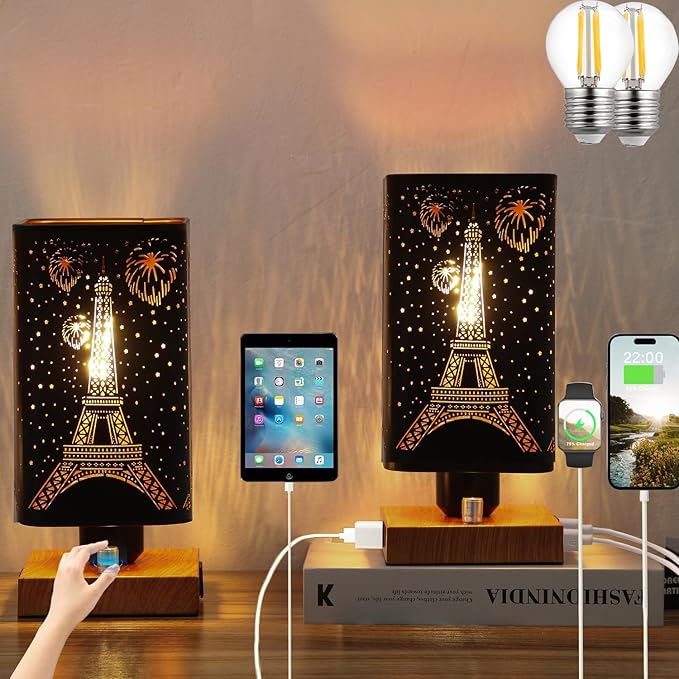 Industrial Table Lamp Sets of 2 with USB Ports and Outlet, Rustic Dimmable Bedside lamp with Charging Station, Metal Square Shadow Nightstand Lamp for Bedroom Living Room End Tables