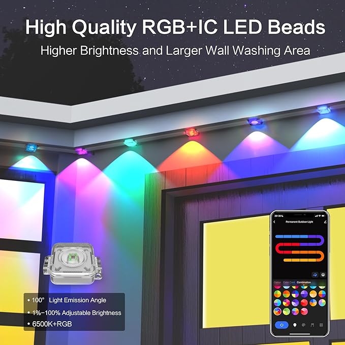 Smart Permanent Outdoor Lights for House, IP67 Waterproof with 54 Scene, 50ft RGB+IC LED House Lights Outdoor All Year, for Halloween Christmas Work All Holiday Decor, Work with Google Assistant,Alexa
