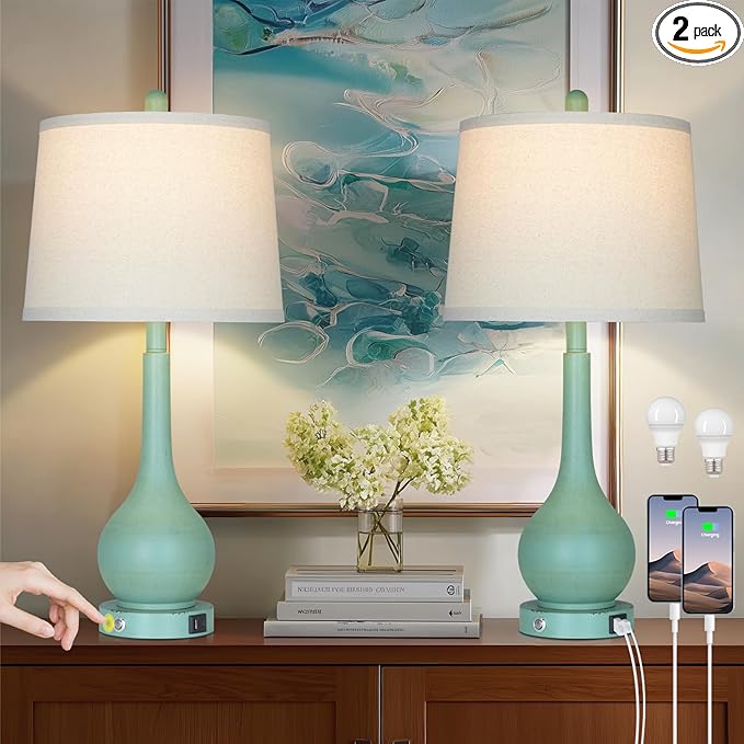 26" Farmhouse Table Lamps for Living Room Set of 2, 3-Way Dimmable Touch Control Bedside Lamp with USB A+C Ports, Retro Green Nightstand Lamps for Bedroom (2 LED Bulbs Included)