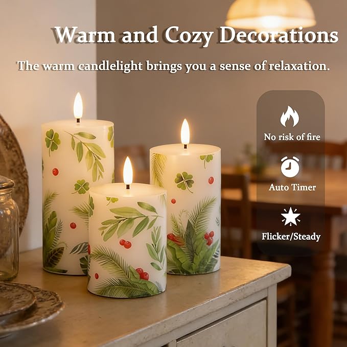 Flameless Pillar Candles with Remote, 3 Pack Battery Operated Real Wax Green LED Candles, Perfect for Spring Summer Home Decorations Fireplace Table, Shamrock