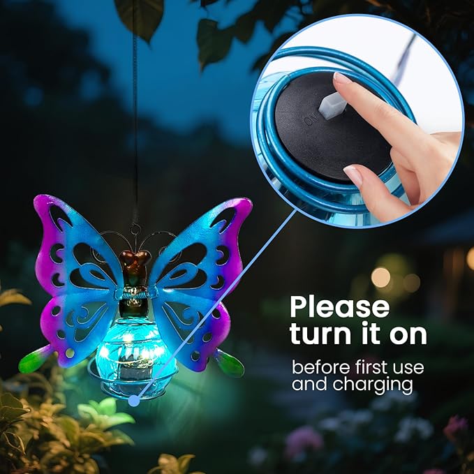 Solar Hanging Butterfly Lights LED Outdoor Garden Decor Light Waterproof Powered Unique Decorations for Sister Birthday Gardening Gifts for Mom Women Front Porch Balcony Backyard Yard Path