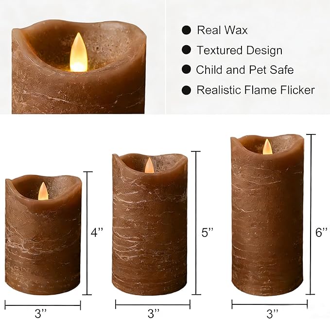 Real Wax Flameless Candles Set of 3 (D 3" x H 4" 5" 6") Battery Operated LED Candle with Timer Home Decorative Pillar Flickering Lights,Wedding Party Events Decor,Brown