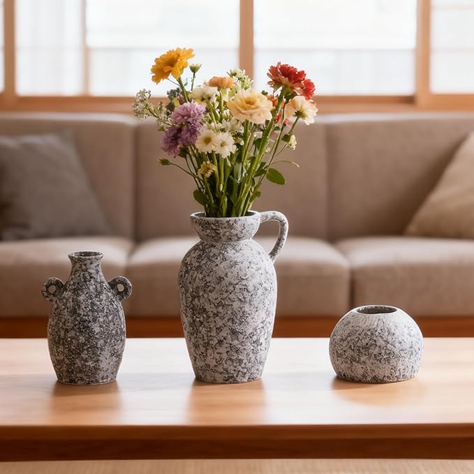 Stone Vase Home Table Decor, Black Ceramic Modern Rustic Farmhouse Vase Set of 3 Centerpiece for Shelf Bedroom Bathroom Desk