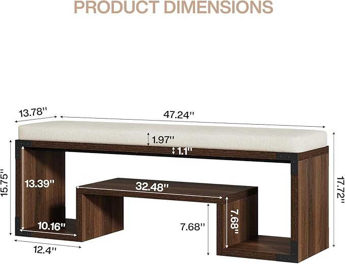 Tribesigns Shoe Storage Bench with Cushion, 47" Entryway Bench with Storage Shelf and Removable Padded Seat for Entryway, Hallway, Living Room, Bedroom, Vintage Brown