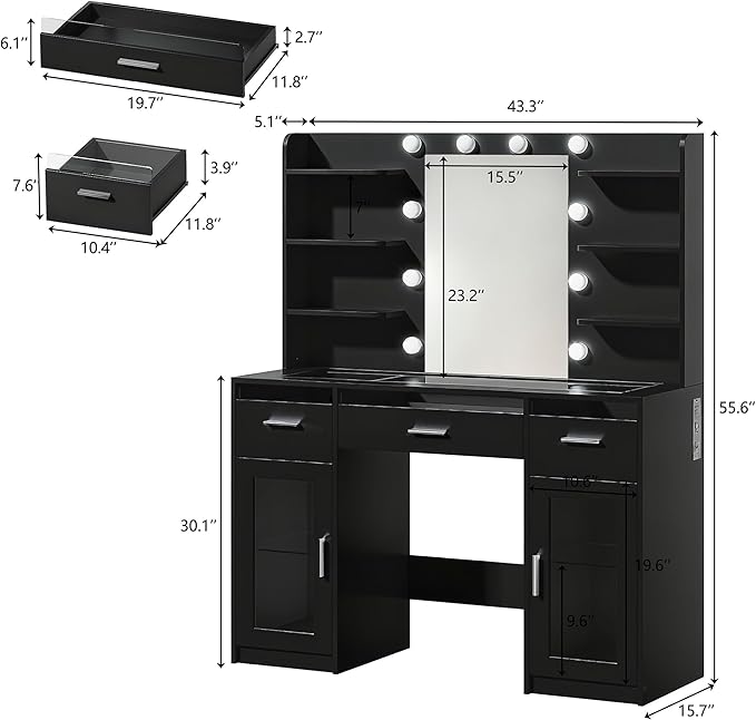Vanity Desk, Makeup Vanity Desk with Mirror and Lights 3 Colors, Transparent Top with 3 RGB Drawers, 6 Shelves, 2 Large Tempered Cabinets, Power Outlet, for Bedroom, Black