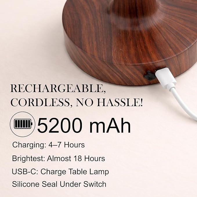 Cordless Table Lamp, Rechargeable Table Lamp, Waterproof Shower Lamp, 5200mAh Small Table Lamps, 3-Color Dimmable Touch Light, Portable Outdoor and indoor table lamp, Bedside night light (Dark Wood)