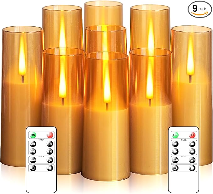 Flickering Flameless Candles,Battery Operated, Flameless Candles with Remote, 2/4/6/8 Hour Timer, Realistic Jumping Flame Effect, Perfect for Home Decor, Holiday Decoration Pcs 9 (Gold)