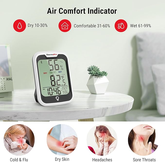 ThermoPro TP358 Bluetooth Thermometer for Room Temperature with Built-in Clock, Smart Temperature Sensor and Humidity Meter with Backlit, 260Ft Hygrometer Indoor Thermometer with Data Storage Export