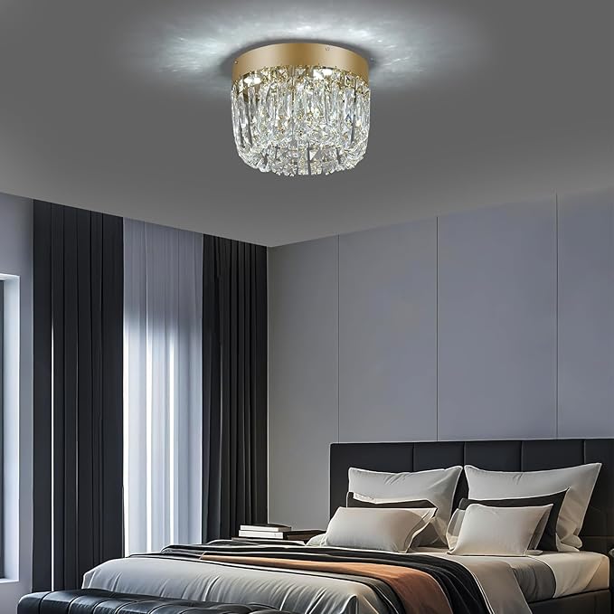 Deckrico Modern Crystal Chandelier Flush Mount Ceiling Light, 11.8" Gold LED Lighting Fixture for Bedroom Hallway Entryway Foyer