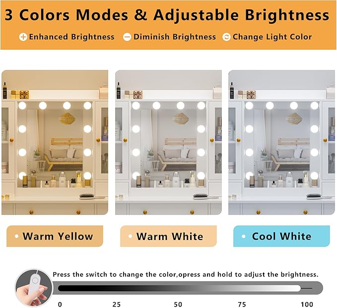 Vanity Desk with Mirror and Lights, 43" White Makeup Vanity Set with 5 Drawers & Glass Cabinets, Makeup Tray, Power Outlet & Adjustable LED Lights, Dressing Table for Women & Girls Bedroom