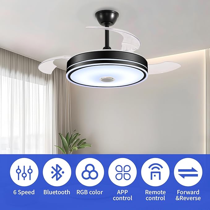 42'' Retractable Hanging Fan with Lights, Smart Fan Light with Bluetooth Speaker, App Control for Dimming & RGB Color Change Reversible Bedroom Living Room