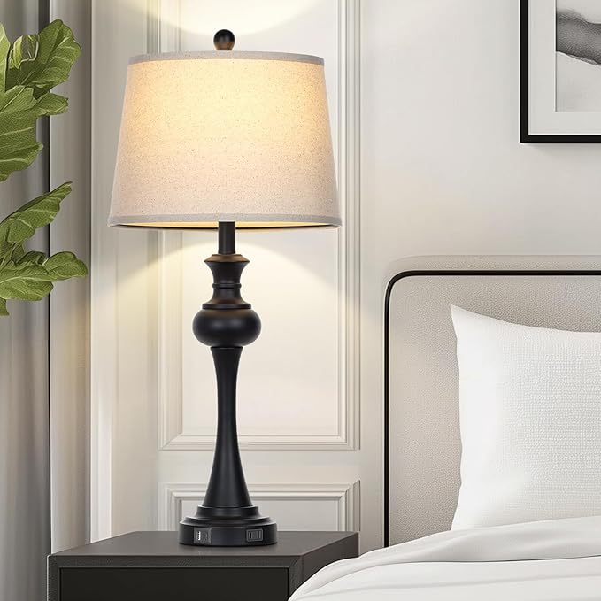 28.75 " 3-Way Touch Control Modern Table Lamp Set of 2 for Living Room , Bedside Lamp with USB A+C Ports, Mid Century Black Table Lamps, Nightstand Lamps Set ,Beige Fabric Shade Vintage Accent Style
