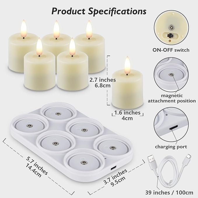 Rhytsing 6 Rechargeable Flameless Votive Candles with Timer for Home Decor, Led Faux Battery Operated Tealight Candles with Magnetic Charging Base, Type-C USB Cable, Remote Included-D1.6 X H2.7 inches