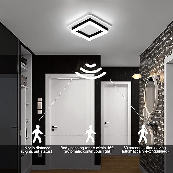 Motion Sensor LED Ceiling Light Indoor, 24W Black Mount Motion Activated 7.87inch Flush Mount Lighting Fixture for Closet Laundry Bathroom Hallway Stair Porch Basement, Cool White
