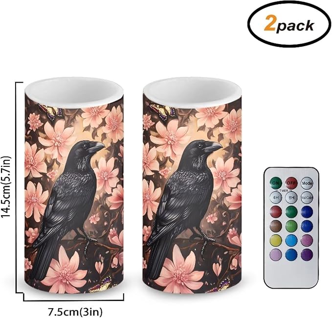 Crow Flameless Candles 2 Pack 6 x 3 inch Battery Operated Candles with Multicolor Timer Remote Control LED Fake Candles for Warm Light Dinner Table Home Decor