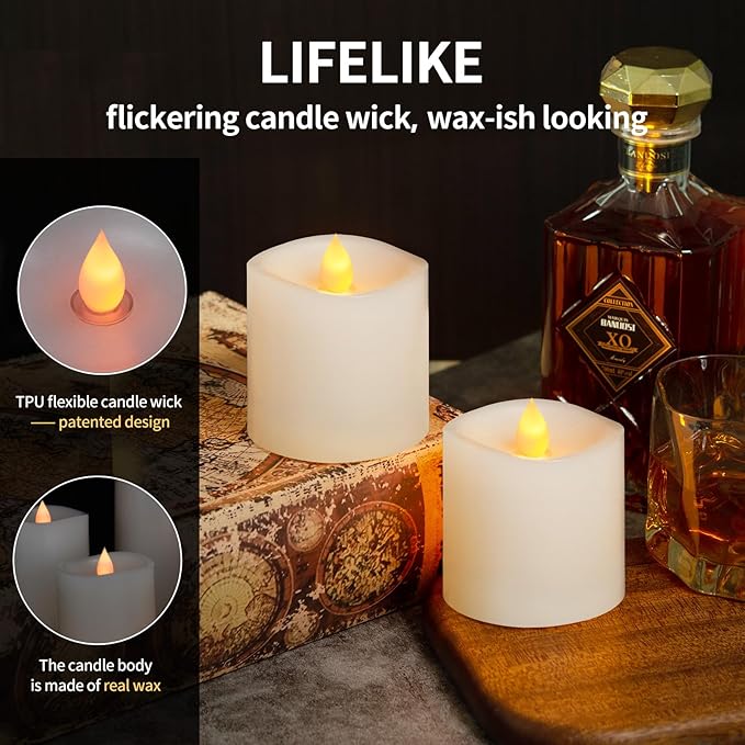 3x3 Flickering Flameless Candles Set of 2, 2AA Battery Life 600 Hours Battery Candles Flickering with Timer, 3 inch Flameless Candles with Remote for Indoor/Outdoor, White