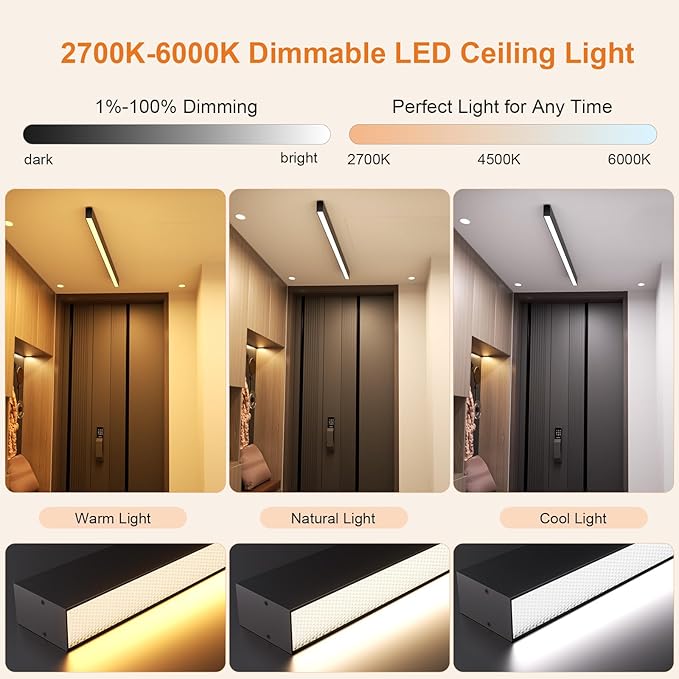 Modern LED Ceiling Light with Remote, Black Dimmable Close to Ceiling Lamp Fixtures, 30W CCT (2700K-6000K), Smart Linear Ceiling Lights for Living Room Office Hallway Kitchen(39.1inch)