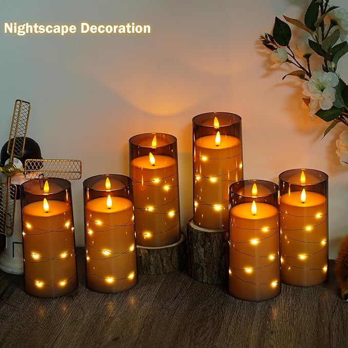 Flickering Flameless Candles with Remote Timer, 6pcs LED Battery Operated Candles with Embedded String Lights Grey, D3 H6