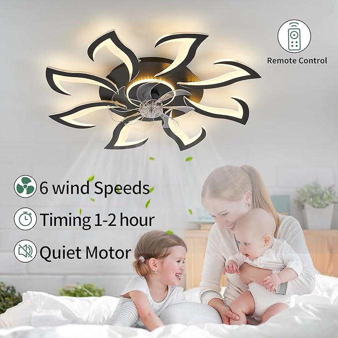 Malnutcolor Modern Low Profile 36 Inch Black Flush Mount Ceiling Fan with 3 Light Color 6 Speeds, Fandelier for Living Room