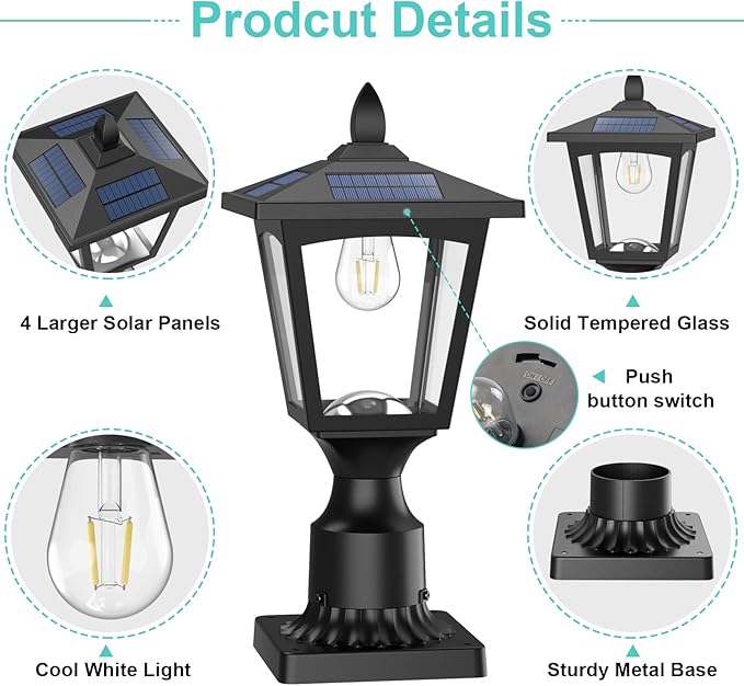 Solar Post Lights, 3000K Dusk to Dawn Solar Lamp Post Light with Pier Mount Base, Solar Post Lights Outdoor Waterproof for Garden Yard Landscape Pole Pillar, Outside Decorative Lamp(Warm White)