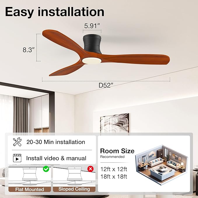 Smart 52” Wood Flush Mount Ceiling Fans with Lights Remote,Quiet DC Motor,Outdoor Indoor Low Profile Ceiling Fan,Voice Contorl with WIFI Alexa App Control,Modern fan for Bedroom Patio
