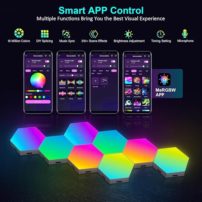 Hexagon LED Lights 8 Pack - RGB Wall Panels with Music Sync, Smart App & Remote Control, DIY Modular Hex Light for Gaming Room, Bedroom, Living Room, Wall Decor