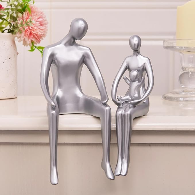 Quoowiit Bookshelf Decor Family Statue, Abstract Miniature Figurines Home Decor, Modern Aesthetic Shelf Decorations for Office Desk Table Desk Living Room Book Shelf Bedroom Entry Set of 3 - Silver