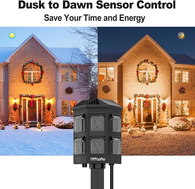 Outdoor Power Strip with 90FT Extension Cord, 100FT Remote Control, Dusk to Dawn Light Timer Waterproof, 6 Grounded Outlets for Yard, Pool and Garden, ETL Listed (90 FT)