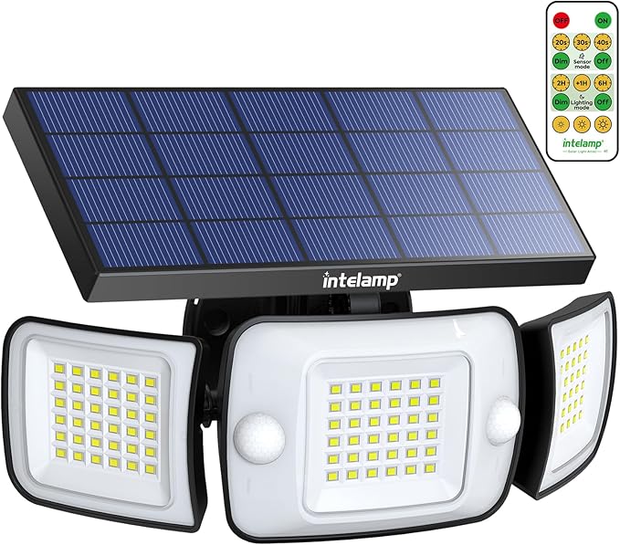 intelamp Outdoor Solar Light Waterproof, 6000mAh 1200LM Motion Sesnsor Flood Lights with Dual Sensor, 4 Modes Remote Control, 270° Wide Angle Security Light for Garden Garage Yard Pathway Farm
