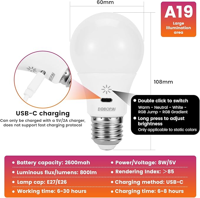 LED Rechargeable Light Bulbs With Remote ＆ Touch Dimmable, E26 Battery Operated Light Bulb for Lamps, RGB 12 Colors, 2600mAh USB battery backup Light Bulb With Timer, A19 Small Light Bulbs 2 Pack