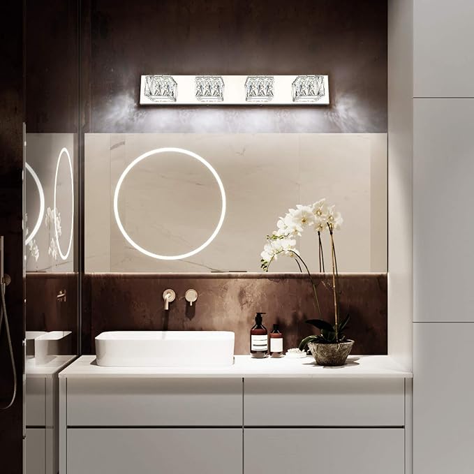 ZUZITO 4 Lights Bathroom Vanity Light - Crystal Modern Vanity Lights for Bathroom - Dimmable 24W LED Chrome Bath Light Fixtures Over Mirror Cool White Light