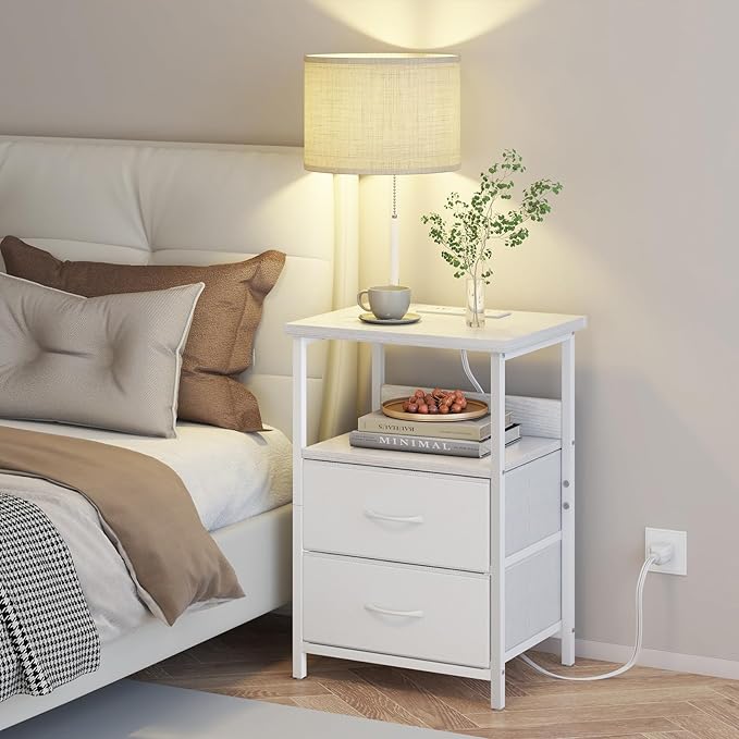 Fixwal Bedside Table with 3 Color Temperature Reading Light, Nightstand with LED Light & Charging Station End Table with Adjustable Fabric Drawer for Bedroom, Dorm, White